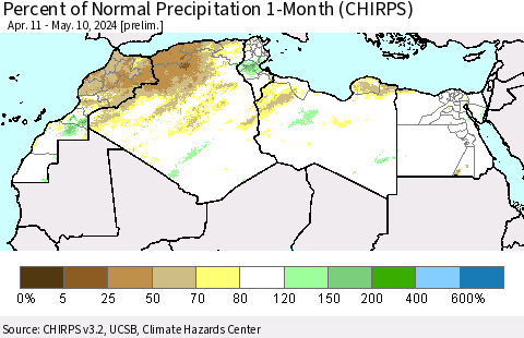 North Africa Percent of Normal Precipitation 1-Month (CHIRPS) Thematic Map For 4/11/2024 - 5/10/2024
