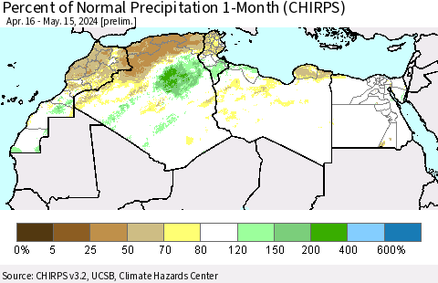 North Africa Percent of Normal Precipitation 1-Month (CHIRPS) Thematic Map For 4/16/2024 - 5/15/2024