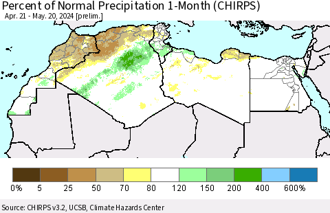 North Africa Percent of Normal Precipitation 1-Month (CHIRPS) Thematic Map For 4/21/2024 - 5/20/2024