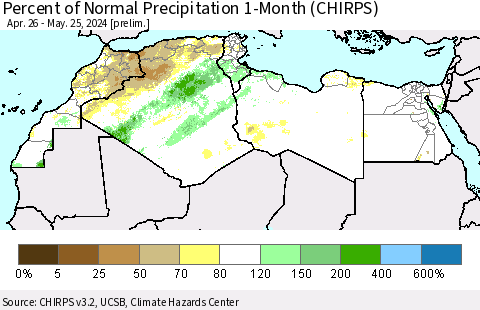 North Africa Percent of Normal Precipitation 1-Month (CHIRPS) Thematic Map For 4/26/2024 - 5/25/2024