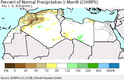 North Africa Percent of Normal Precipitation 1-Month (CHIRPS) Thematic Map For 5/1/2024 - 5/31/2024