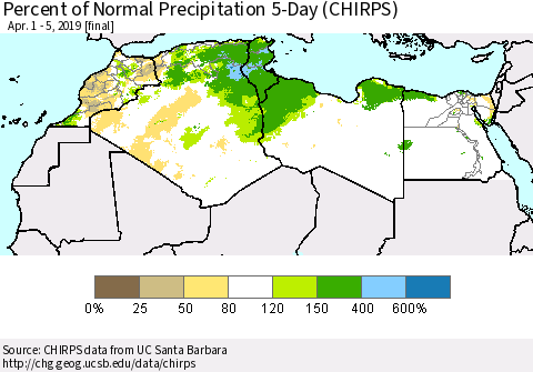 North Africa Percent of Normal Precipitation 5-Day (CHIRPS) Thematic Map For 4/1/2019 - 4/5/2019