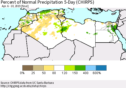 North Africa Percent of Normal Precipitation 5-Day (CHIRPS) Thematic Map For 4/6/2019 - 4/10/2019