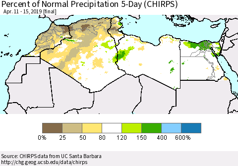 North Africa Percent of Normal Precipitation 5-Day (CHIRPS) Thematic Map For 4/11/2019 - 4/15/2019