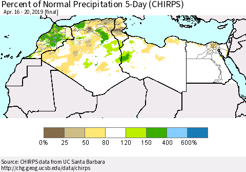 North Africa Percent of Normal Precipitation 5-Day (CHIRPS) Thematic Map For 4/16/2019 - 4/20/2019