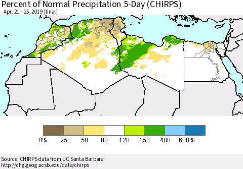 North Africa Percent of Normal Precipitation 5-Day (CHIRPS) Thematic Map For 4/21/2019 - 4/25/2019