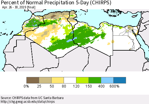 North Africa Percent of Normal Precipitation 5-Day (CHIRPS) Thematic Map For 4/26/2019 - 4/30/2019