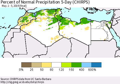 North Africa Percent of Normal Precipitation 5-Day (CHIRPS) Thematic Map For 5/1/2019 - 5/5/2019