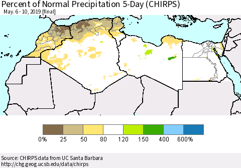 North Africa Percent of Normal Precipitation 5-Day (CHIRPS) Thematic Map For 5/6/2019 - 5/10/2019