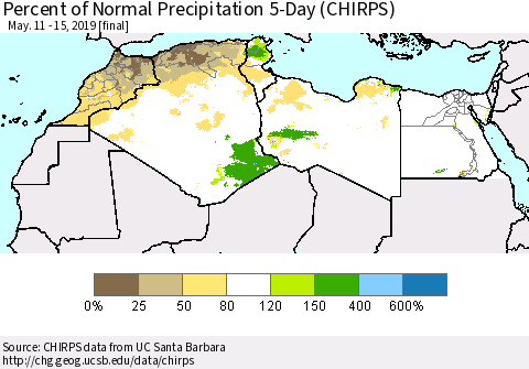North Africa Percent of Normal Precipitation 5-Day (CHIRPS) Thematic Map For 5/11/2019 - 5/15/2019