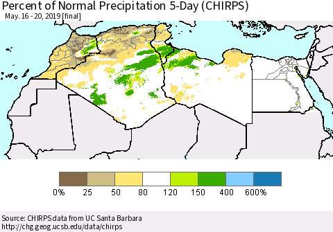 North Africa Percent of Normal Precipitation 5-Day (CHIRPS) Thematic Map For 5/16/2019 - 5/20/2019