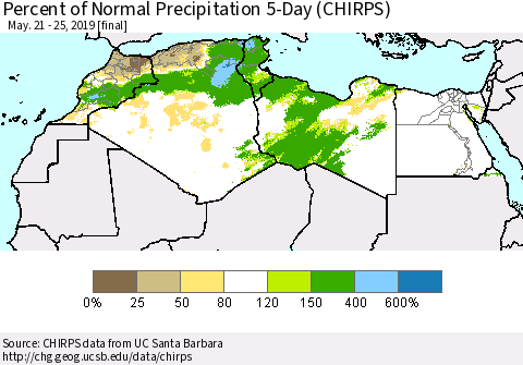 North Africa Percent of Normal Precipitation 5-Day (CHIRPS) Thematic Map For 5/21/2019 - 5/25/2019