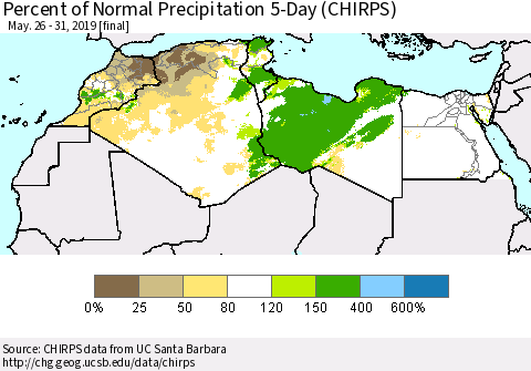 North Africa Percent of Normal Precipitation 5-Day (CHIRPS) Thematic Map For 5/26/2019 - 5/31/2019