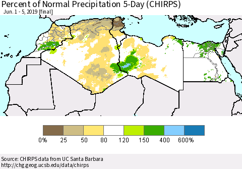 North Africa Percent of Normal Precipitation 5-Day (CHIRPS) Thematic Map For 6/1/2019 - 6/5/2019