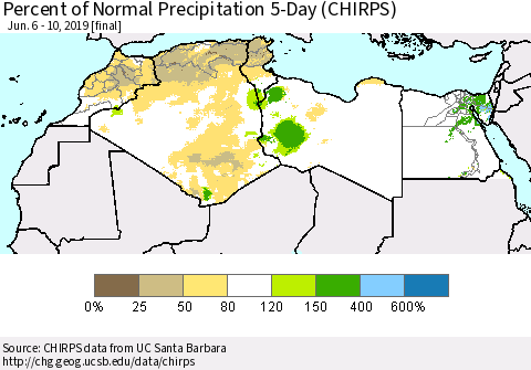 North Africa Percent of Normal Precipitation 5-Day (CHIRPS) Thematic Map For 6/6/2019 - 6/10/2019