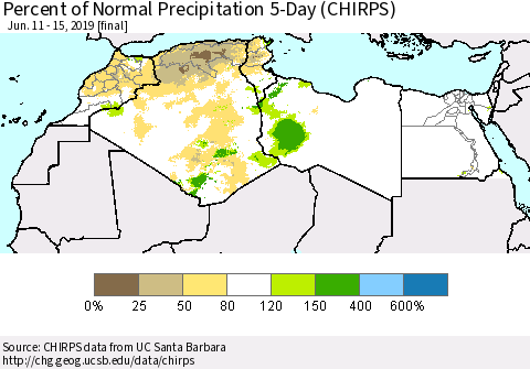 North Africa Percent of Normal Precipitation 5-Day (CHIRPS) Thematic Map For 6/11/2019 - 6/15/2019