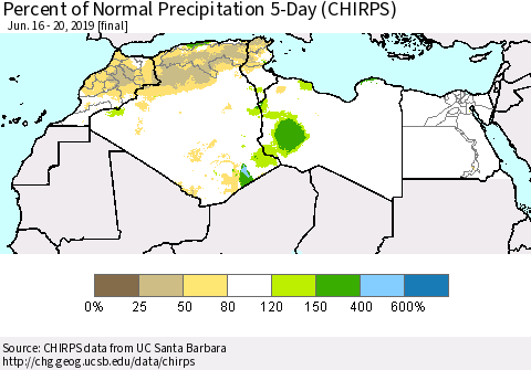 North Africa Percent of Normal Precipitation 5-Day (CHIRPS) Thematic Map For 6/16/2019 - 6/20/2019