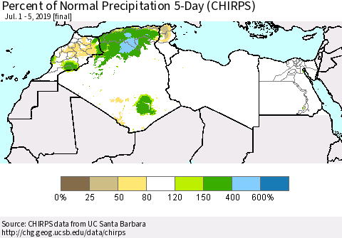 North Africa Percent of Normal Precipitation 5-Day (CHIRPS) Thematic Map For 7/1/2019 - 7/5/2019