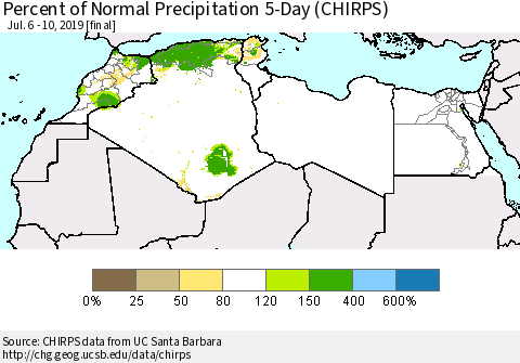 North Africa Percent of Normal Precipitation 5-Day (CHIRPS) Thematic Map For 7/6/2019 - 7/10/2019