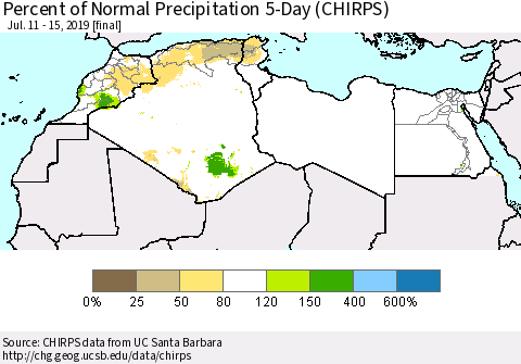 North Africa Percent of Normal Precipitation 5-Day (CHIRPS) Thematic Map For 7/11/2019 - 7/15/2019