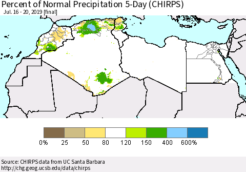 North Africa Percent of Normal Precipitation 5-Day (CHIRPS) Thematic Map For 7/16/2019 - 7/20/2019