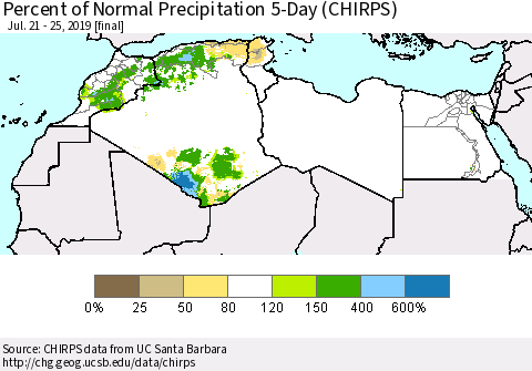 North Africa Percent of Normal Precipitation 5-Day (CHIRPS) Thematic Map For 7/21/2019 - 7/25/2019