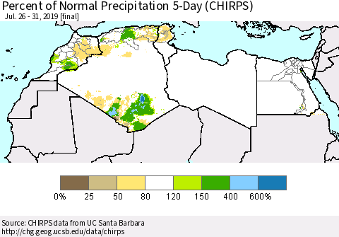 North Africa Percent of Normal Precipitation 5-Day (CHIRPS) Thematic Map For 7/26/2019 - 7/31/2019