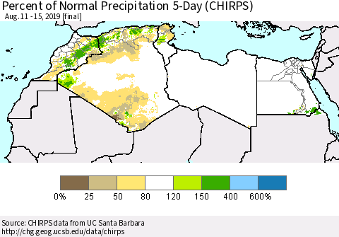 North Africa Percent of Normal Precipitation 5-Day (CHIRPS) Thematic Map For 8/11/2019 - 8/15/2019