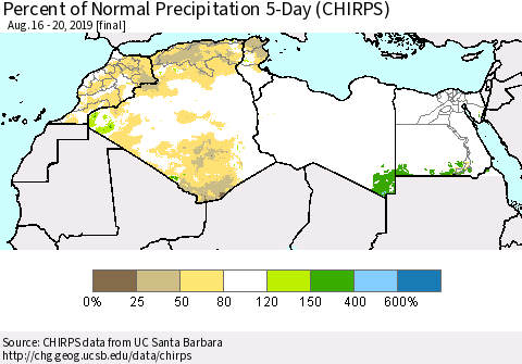 North Africa Percent of Normal Precipitation 5-Day (CHIRPS) Thematic Map For 8/16/2019 - 8/20/2019