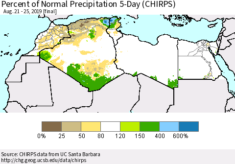 North Africa Percent of Normal Precipitation 5-Day (CHIRPS) Thematic Map For 8/21/2019 - 8/25/2019
