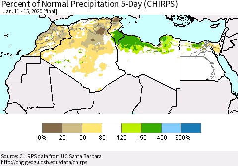 North Africa Percent of Normal Precipitation 5-Day (CHIRPS) Thematic Map For 1/11/2020 - 1/15/2020
