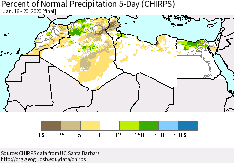 North Africa Percent of Normal Precipitation 5-Day (CHIRPS) Thematic Map For 1/16/2020 - 1/20/2020