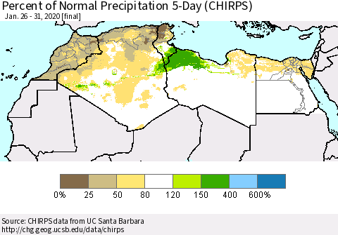 North Africa Percent of Normal Precipitation 5-Day (CHIRPS) Thematic Map For 1/26/2020 - 1/31/2020
