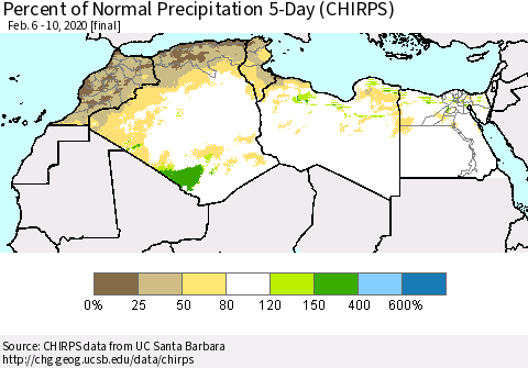 North Africa Percent of Normal Precipitation 5-Day (CHIRPS) Thematic Map For 2/6/2020 - 2/10/2020