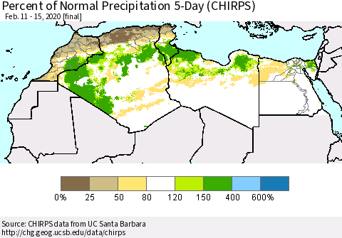 North Africa Percent of Normal Precipitation 5-Day (CHIRPS) Thematic Map For 2/11/2020 - 2/15/2020