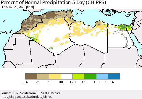 North Africa Percent of Normal Precipitation 5-Day (CHIRPS) Thematic Map For 2/16/2020 - 2/20/2020