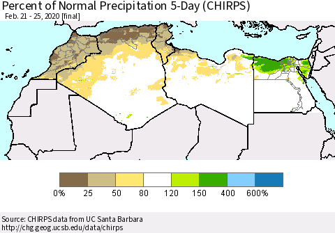 North Africa Percent of Normal Precipitation 5-Day (CHIRPS) Thematic Map For 2/21/2020 - 2/25/2020