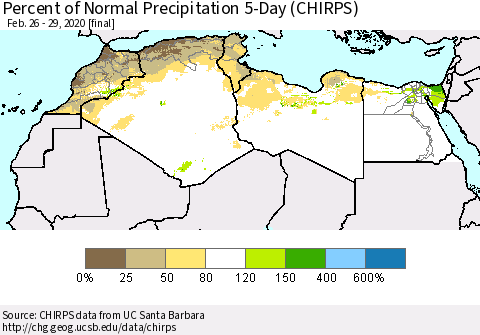 North Africa Percent of Normal Precipitation 5-Day (CHIRPS) Thematic Map For 2/26/2020 - 2/29/2020
