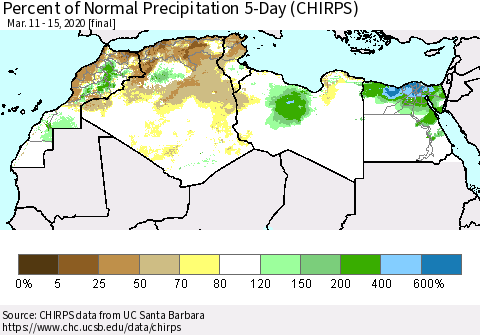 North Africa Percent of Normal Precipitation 5-Day (CHIRPS) Thematic Map For 3/11/2020 - 3/15/2020