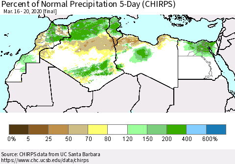 North Africa Percent of Normal Precipitation 5-Day (CHIRPS) Thematic Map For 3/16/2020 - 3/20/2020