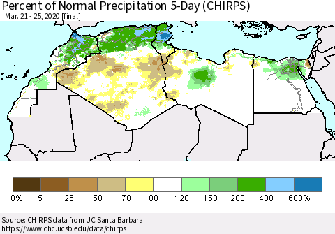 North Africa Percent of Normal Precipitation 5-Day (CHIRPS) Thematic Map For 3/21/2020 - 3/25/2020
