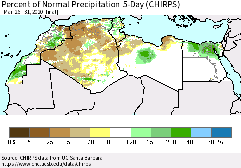 North Africa Percent of Normal Precipitation 5-Day (CHIRPS) Thematic Map For 3/26/2020 - 3/31/2020