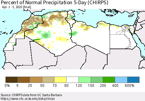 North Africa Percent of Normal Precipitation 5-Day (CHIRPS) Thematic Map For 4/1/2020 - 4/5/2020