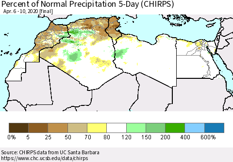 North Africa Percent of Normal Precipitation 5-Day (CHIRPS) Thematic Map For 4/6/2020 - 4/10/2020