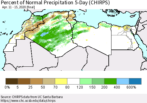 North Africa Percent of Normal Precipitation 5-Day (CHIRPS) Thematic Map For 4/11/2020 - 4/15/2020
