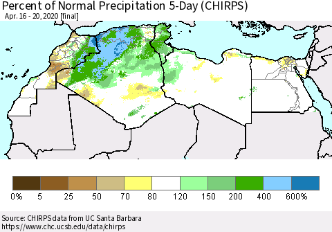 North Africa Percent of Normal Precipitation 5-Day (CHIRPS) Thematic Map For 4/16/2020 - 4/20/2020