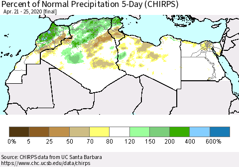 North Africa Percent of Normal Precipitation 5-Day (CHIRPS) Thematic Map For 4/21/2020 - 4/25/2020