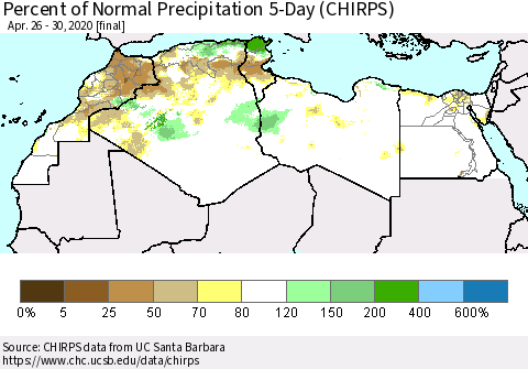 North Africa Percent of Normal Precipitation 5-Day (CHIRPS) Thematic Map For 4/26/2020 - 4/30/2020