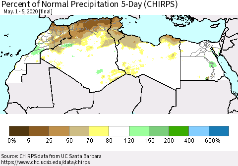 North Africa Percent of Normal Precipitation 5-Day (CHIRPS) Thematic Map For 5/1/2020 - 5/5/2020