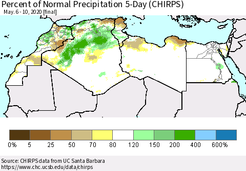 North Africa Percent of Normal Precipitation 5-Day (CHIRPS) Thematic Map For 5/6/2020 - 5/10/2020